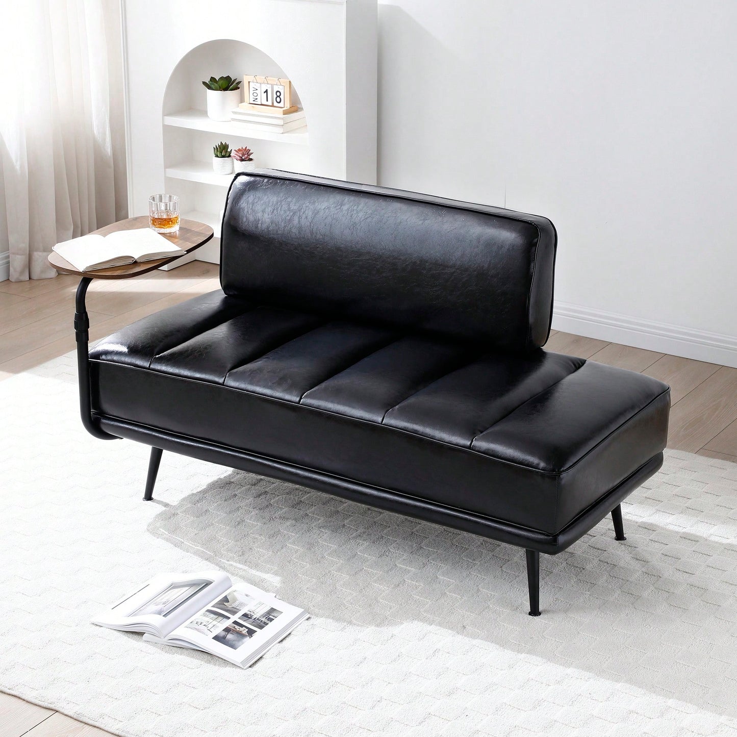 Modern 55 Inch Black Faux Leather End Of Bed Bench With Swivel Tray Side Table And Metal Legs For Bedroom And Living Room