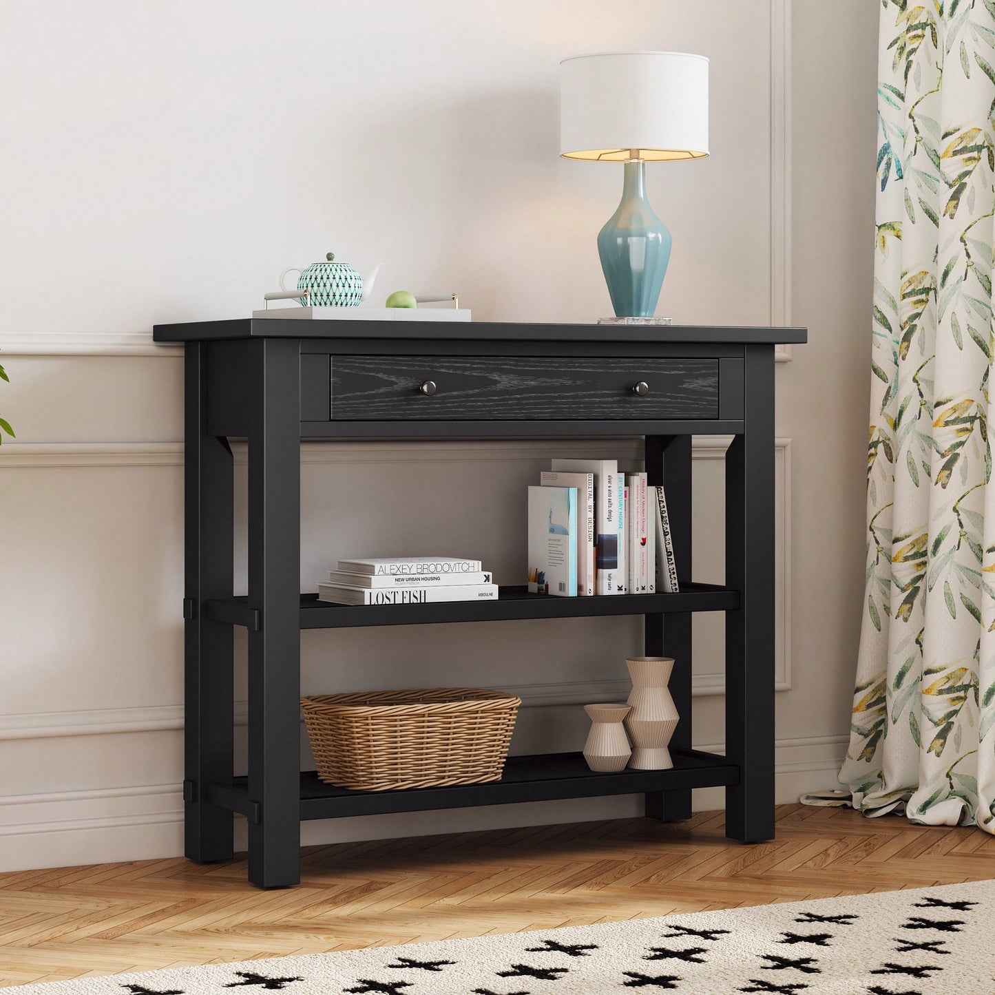 Stylish Retro Console Table With Drawer And Two Durable Shelves For Entryway Or Living Room In Espresso Finish