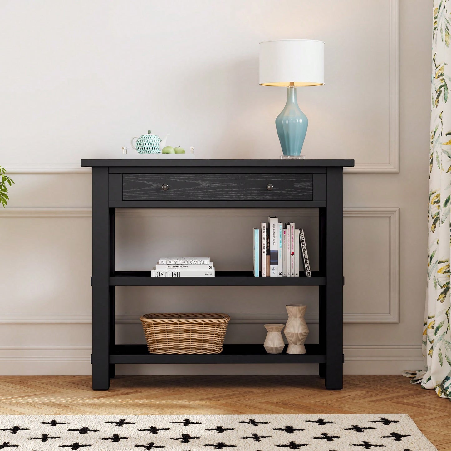 Stylish Retro Console Table With Drawer And Two Durable Shelves For Entryway Or Living Room In Espresso Finish