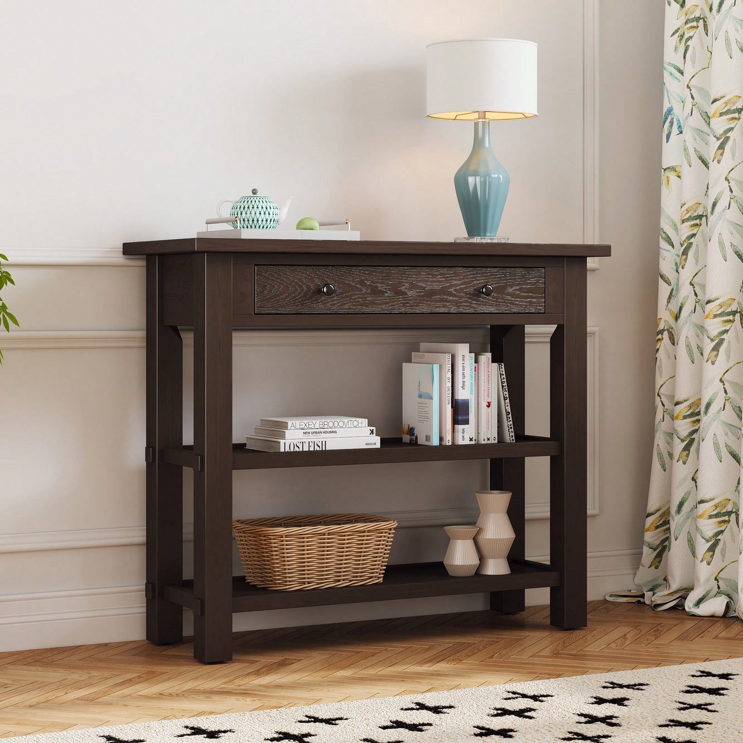 Stylish Retro Console Table With Drawer And Two Durable Shelves For Entryway Or Living Room In Espresso Finish