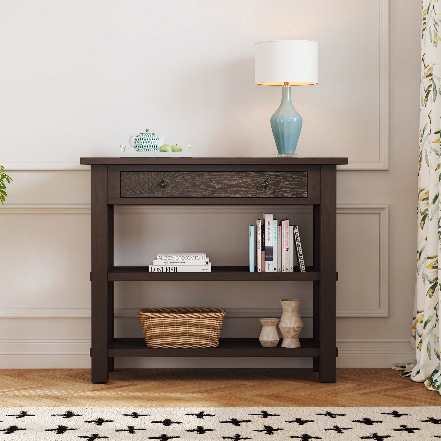 Stylish Retro Console Table With Drawer And Two Durable Shelves For Entryway Or Living Room In Espresso Finish