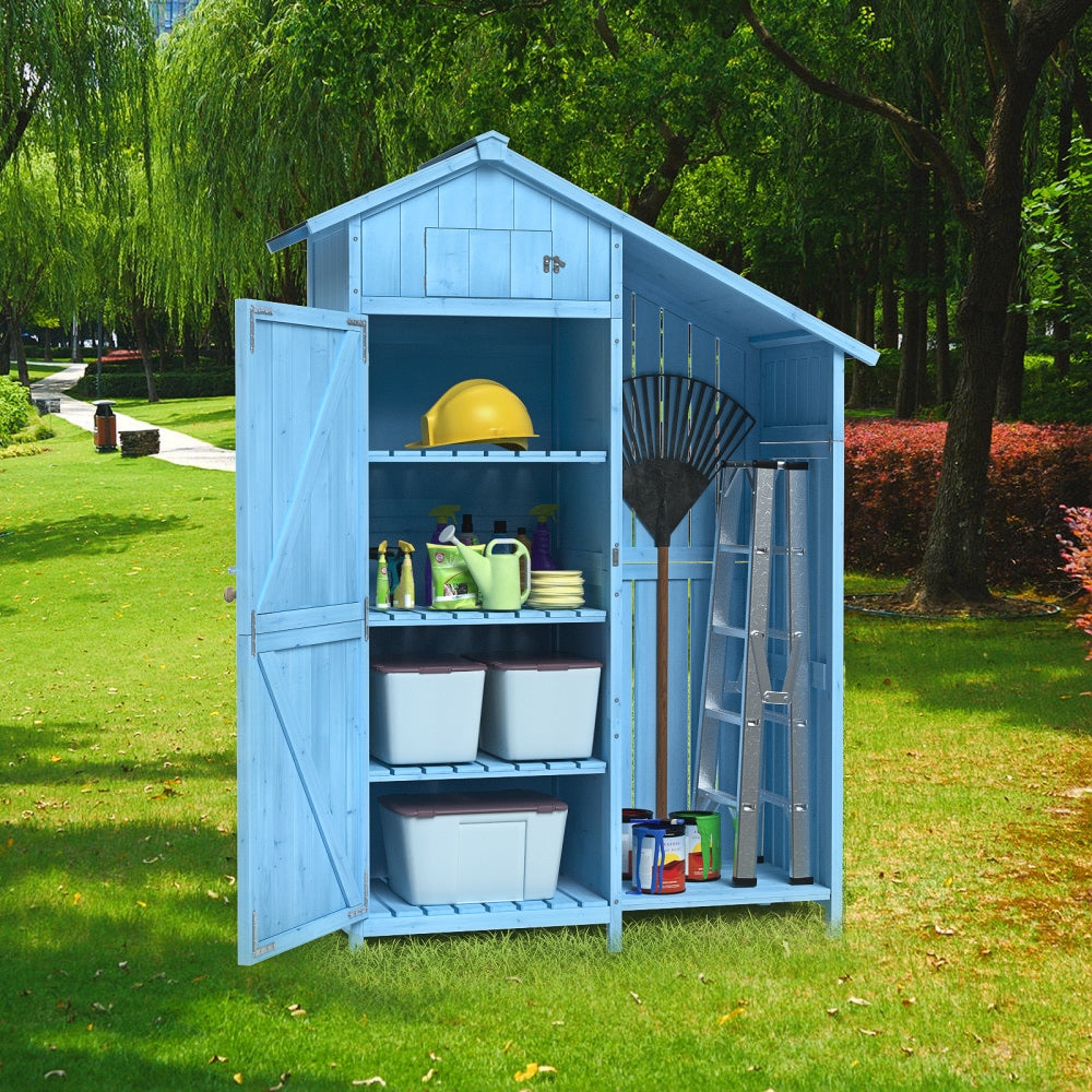 Outdoor Wood Garden Storage Shed With Waterproof Roof And Multiple-Tier Shelves In Blue