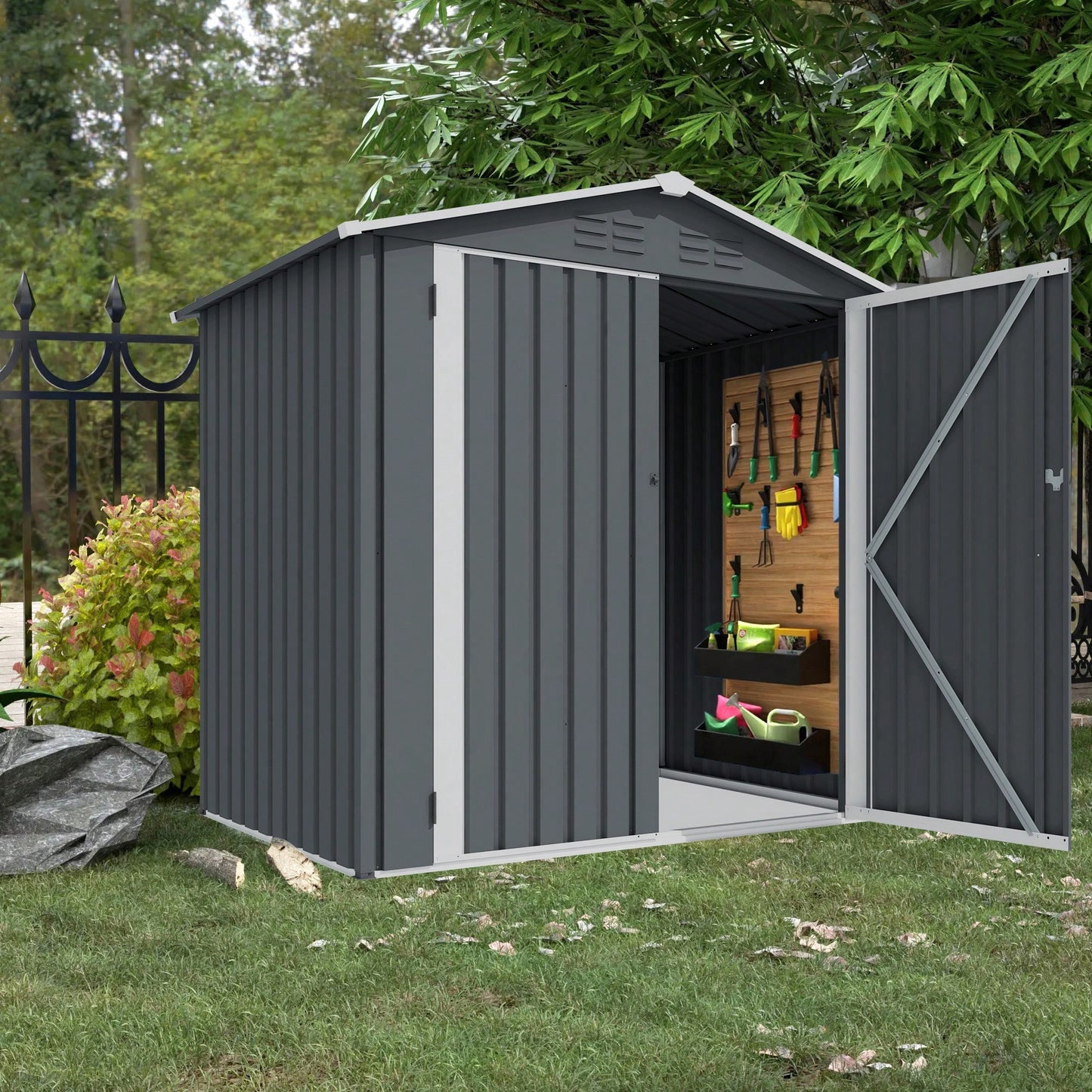 Heavy Duty 6x4 FT Metal Outdoor Storage Shed With Sliding Doors And Air Vent For Bikes Tools And Lawn Equipment In Grey