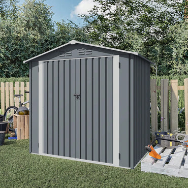 Heavy Duty 6x4 FT Metal Outdoor Storage Shed With Sliding Doors And Air Vent For Bikes Tools And Lawn Equipment In Grey