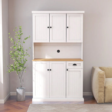 Spacious White Kitchen Pantry Storage Cabinet With Microwave Countertop Adjustable Shelves 6 Doors And 1 Drawer