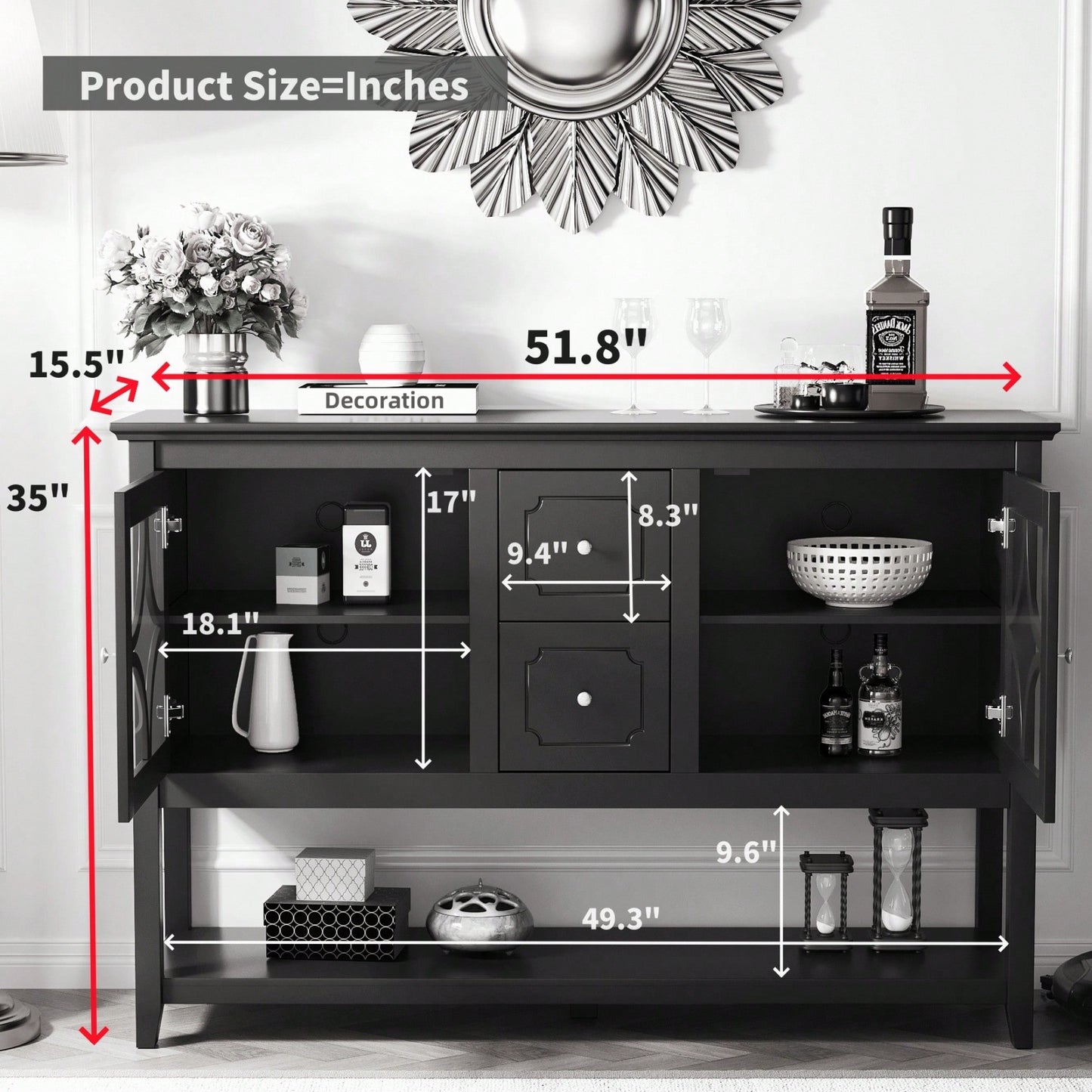 Modern Black Sideboard Buffet Console Table With Adjustable Shelves For Media Storage