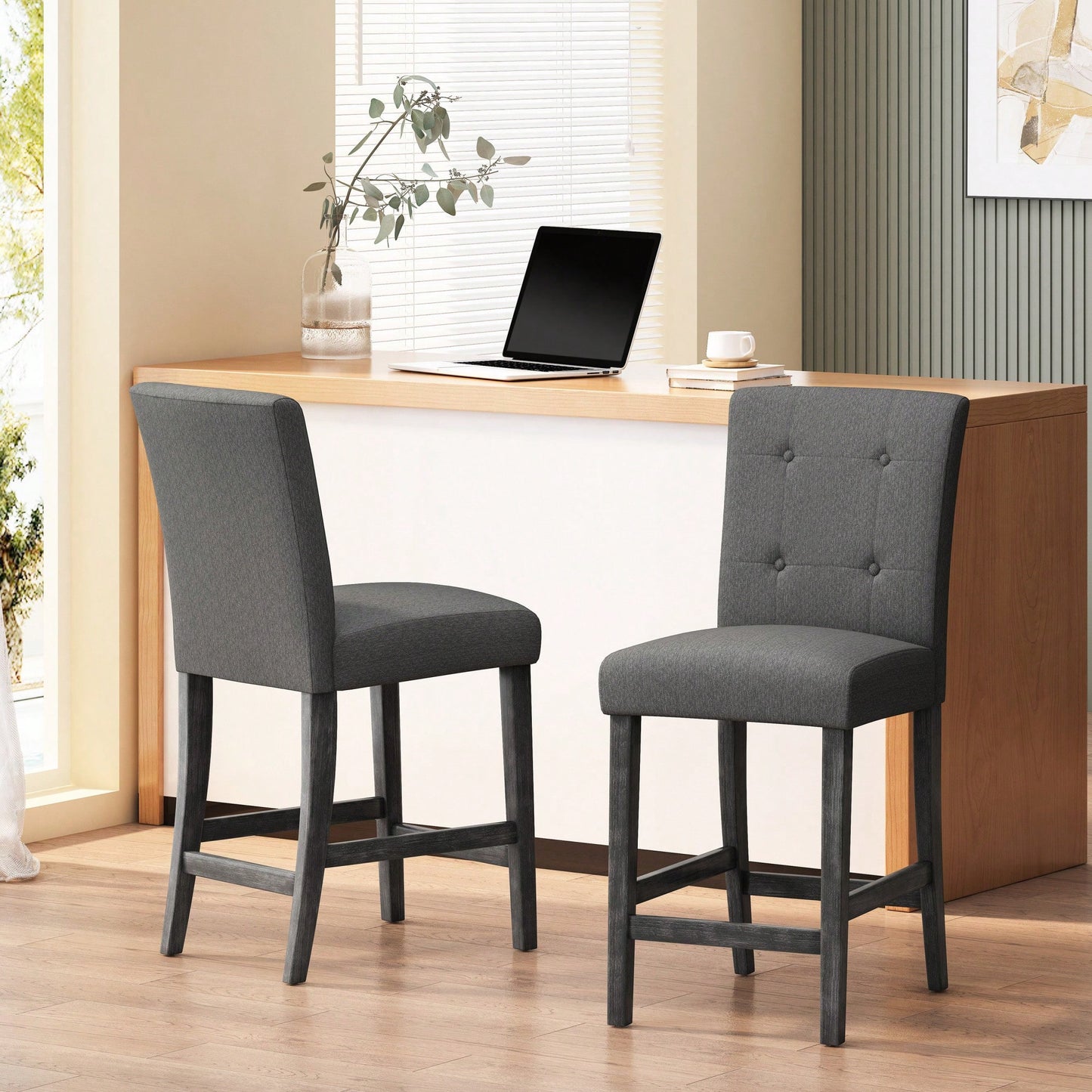 Charcoal Fabric Button Tufted Counter Stools Set Of 2 26 Inch Height Stylish Kitchen Seating