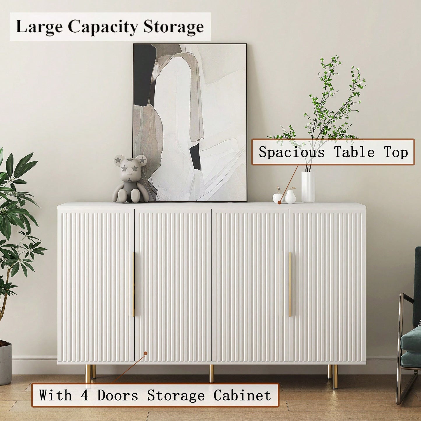 Elegant White Fluted Buffet Cabinet With Adjustable Shelves For Stylish Storage And Display