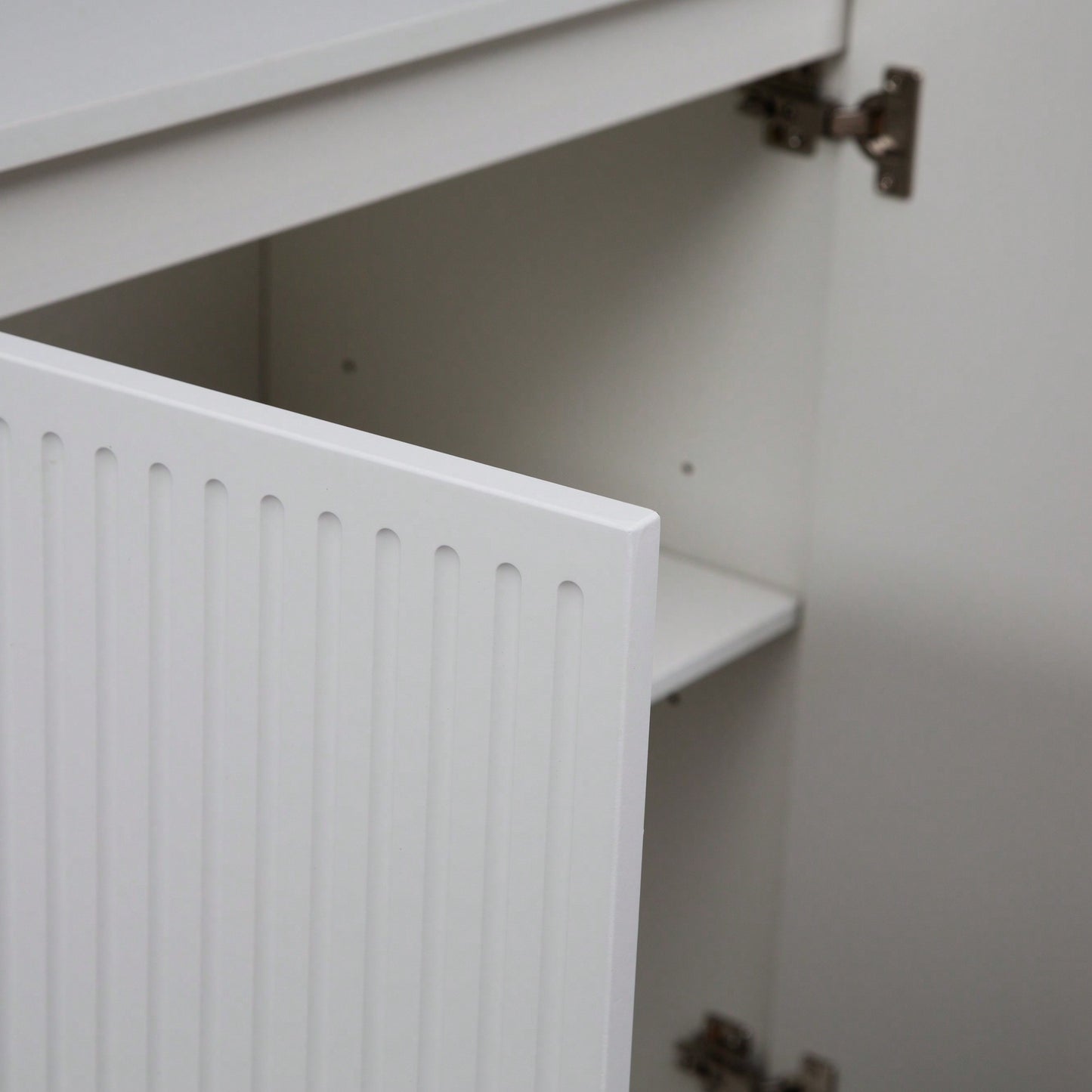 Elegant White Fluted Buffet Cabinet With Adjustable Shelves For Stylish Storage And Display