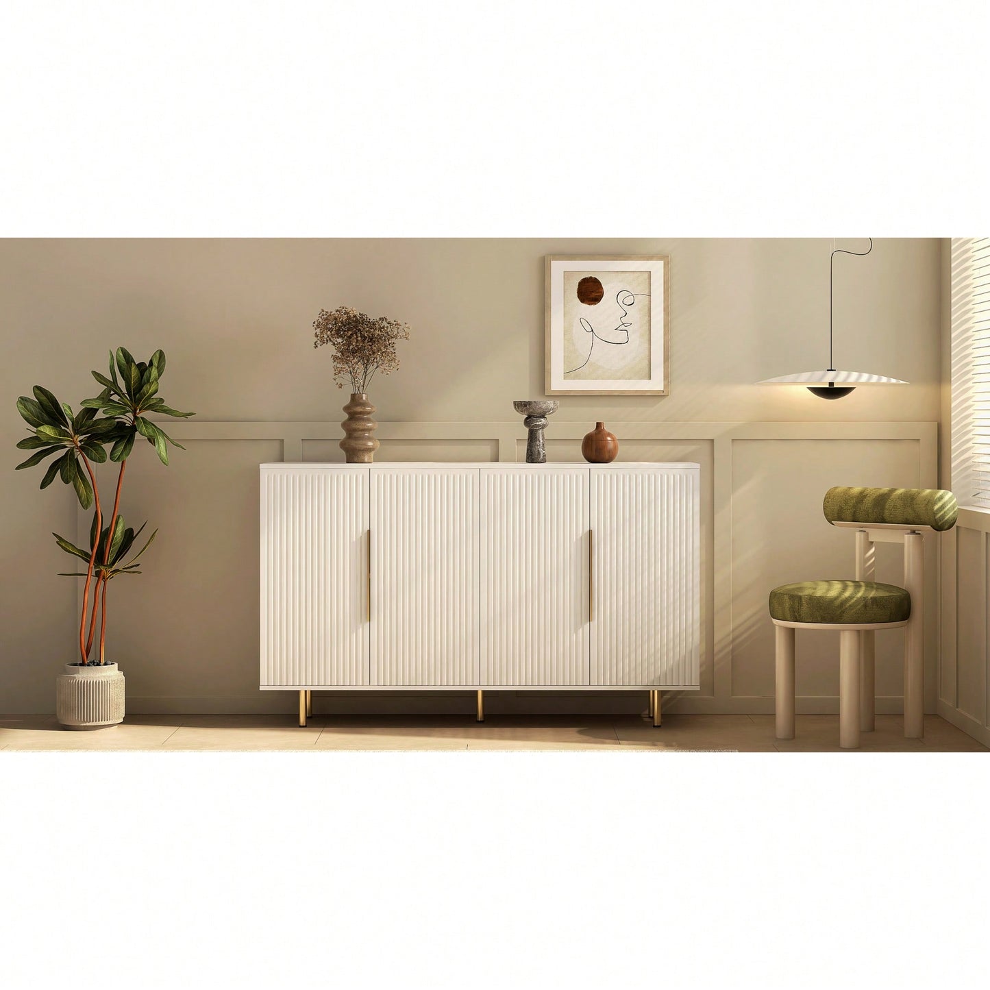 Elegant White Fluted Buffet Cabinet With Adjustable Shelves For Stylish Storage And Display