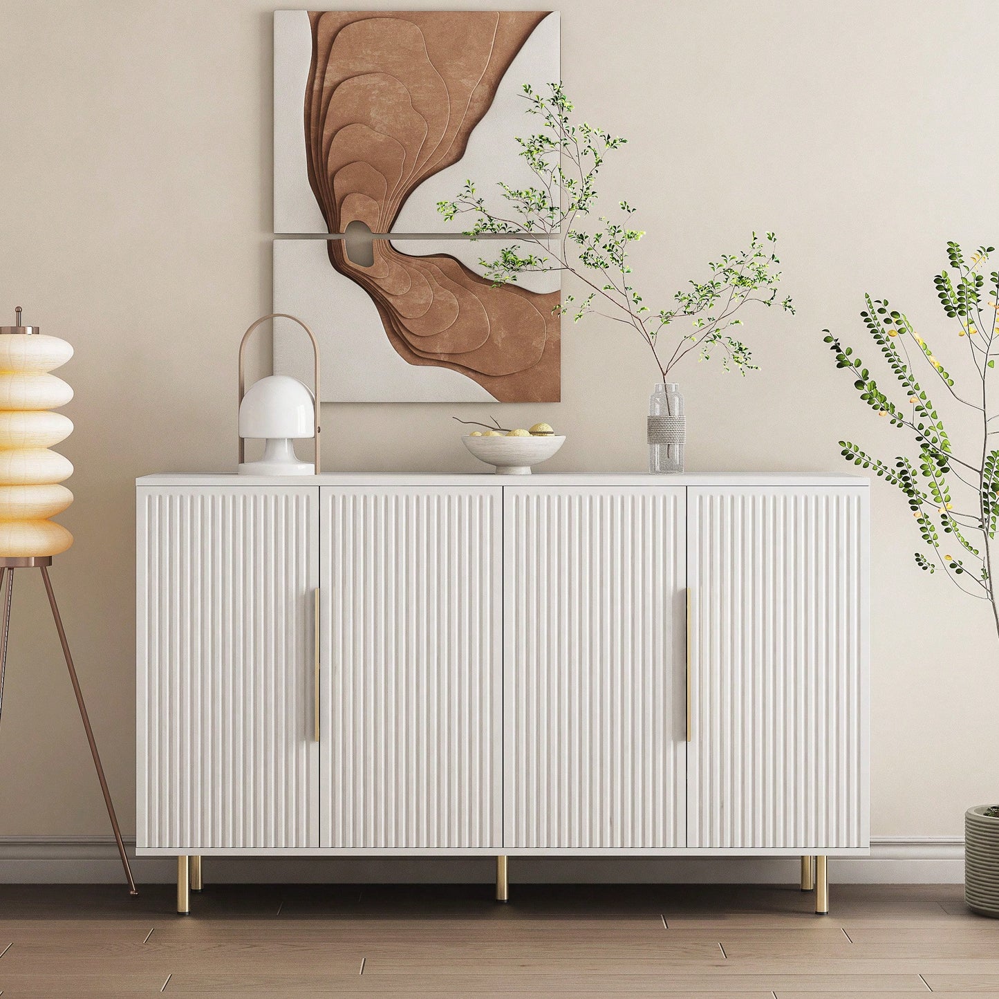 Elegant White Fluted Buffet Cabinet With Adjustable Shelves For Stylish Storage And Display