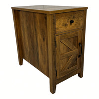 Rustic Farmhouse Nightstand With Charging Station And Barn Door Storage, Brown Bedside Table For Bedroom Or Living Room