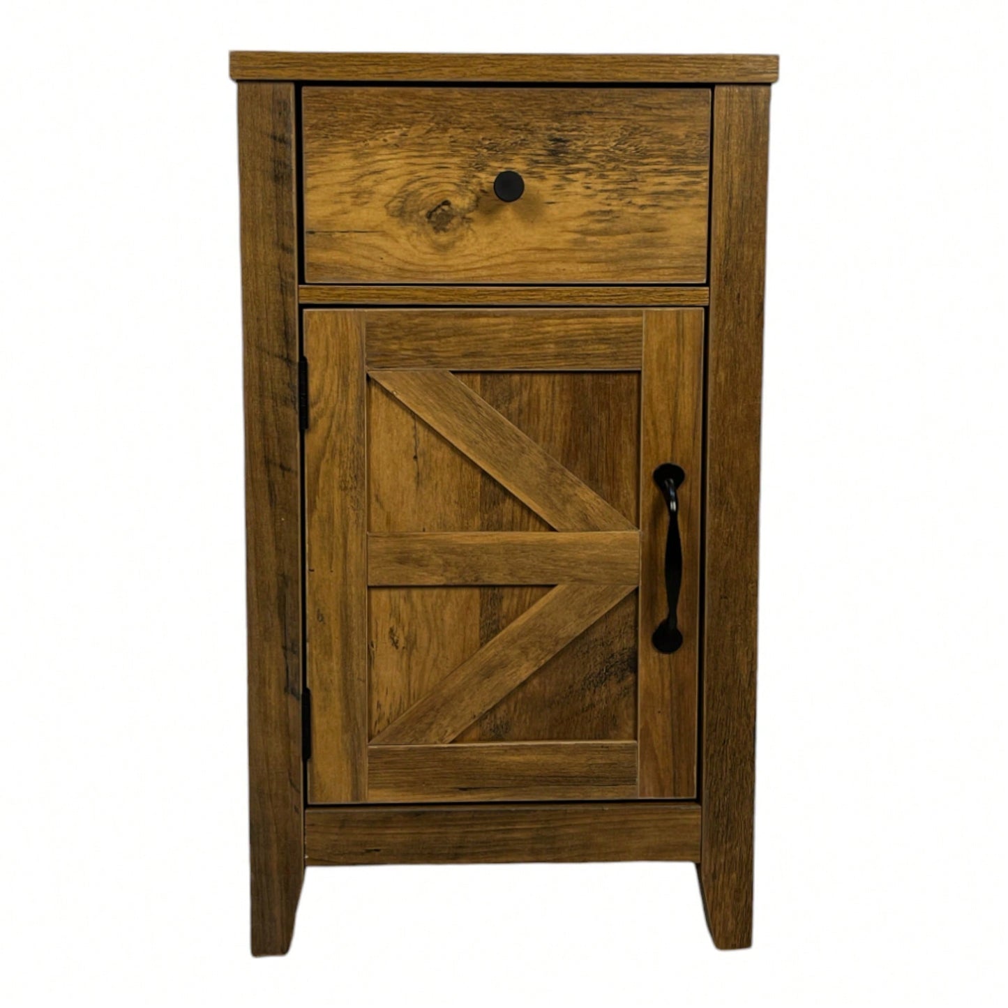 Rustic Farmhouse Nightstand With Charging Station And Barn Door Storage, Brown Bedside Table For Bedroom Or Living Room