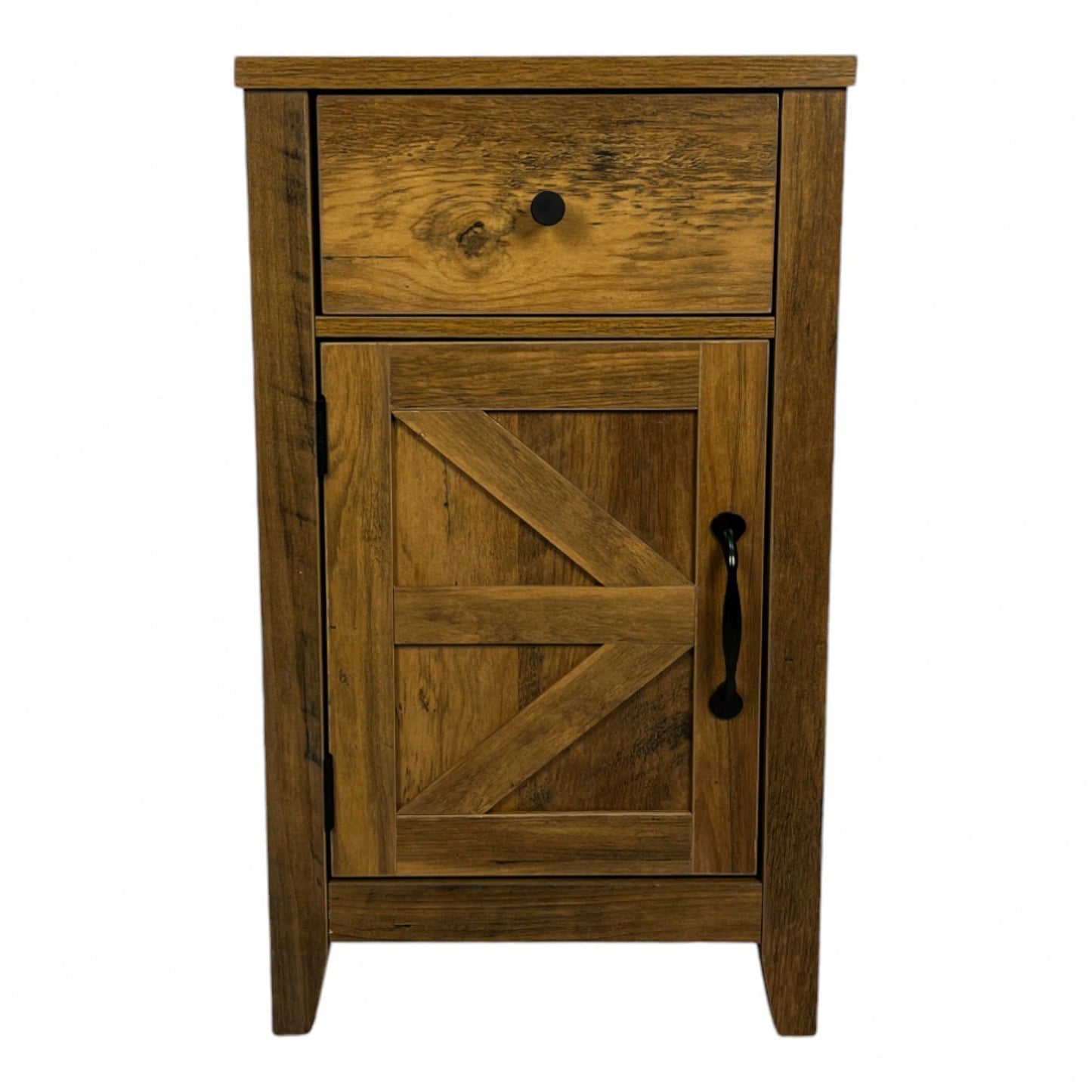 Rustic Farmhouse Nightstand With Charging Station And Barn Door Storage, Brown Bedside Table For Bedroom Or Living Room