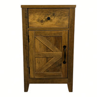 Rustic Farmhouse Nightstand With Charging Station And Barn Door Storage, Brown Bedside Table For Bedroom Or Living Room