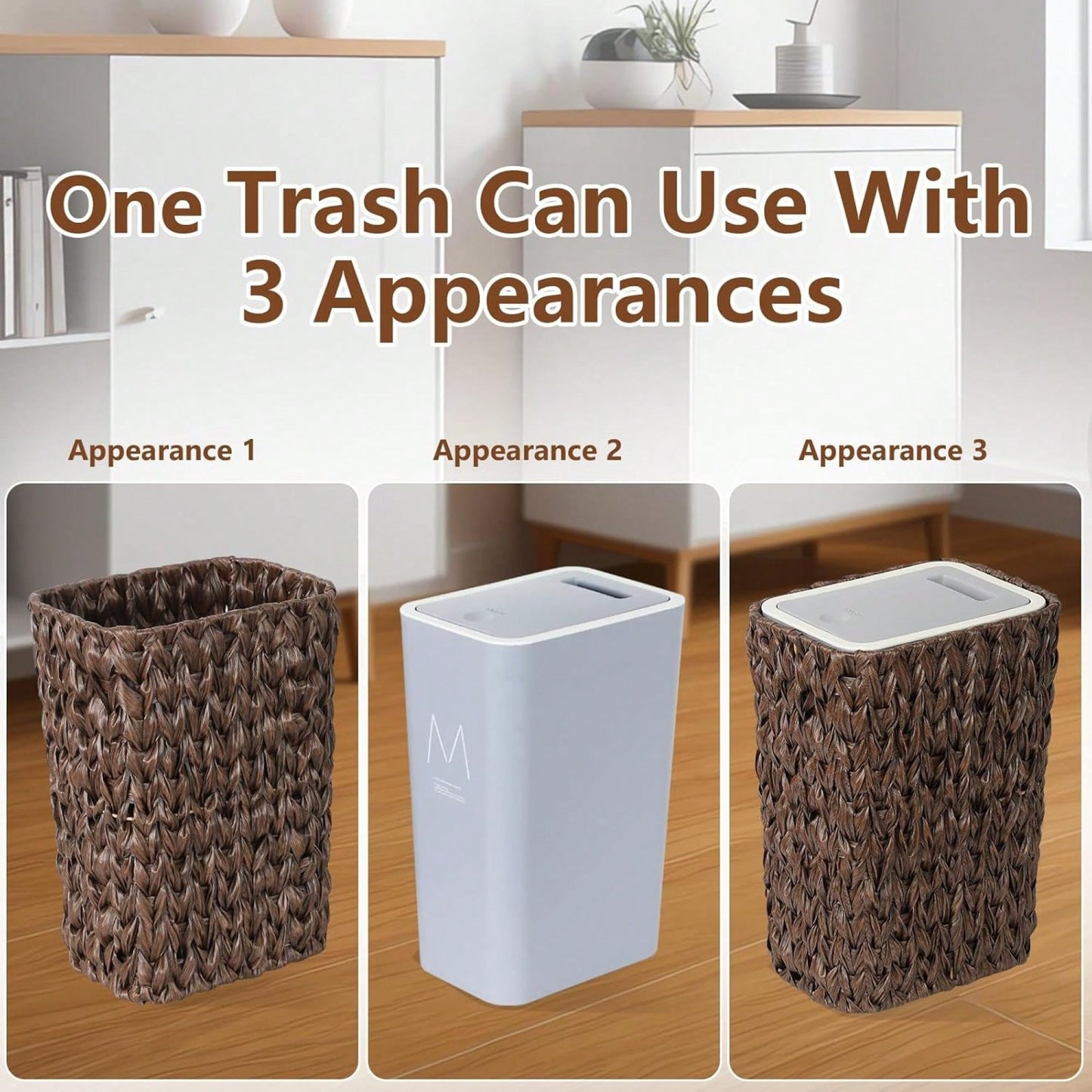 2.6 Gallon Rattan Trash Can With Press Top Lid For Bathroom Kitchen Office Living Room Bedroom Gray