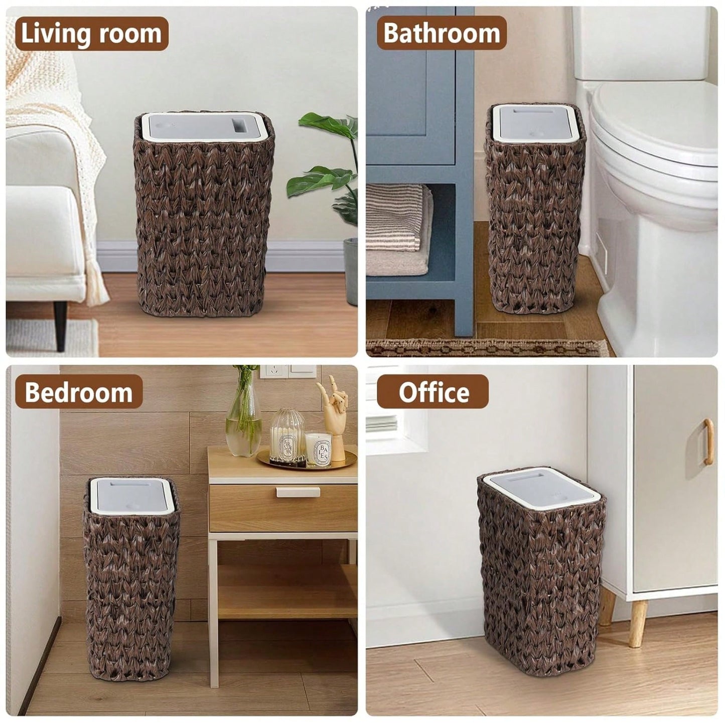 2.6 Gallon Rattan Trash Can With Press Top Lid For Bathroom Kitchen Office Living Room Bedroom Gray