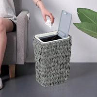 2.6 Gallon Rattan Trash Can With Press Top Lid For Bathroom Kitchen Office Living Room Bedroom Gray