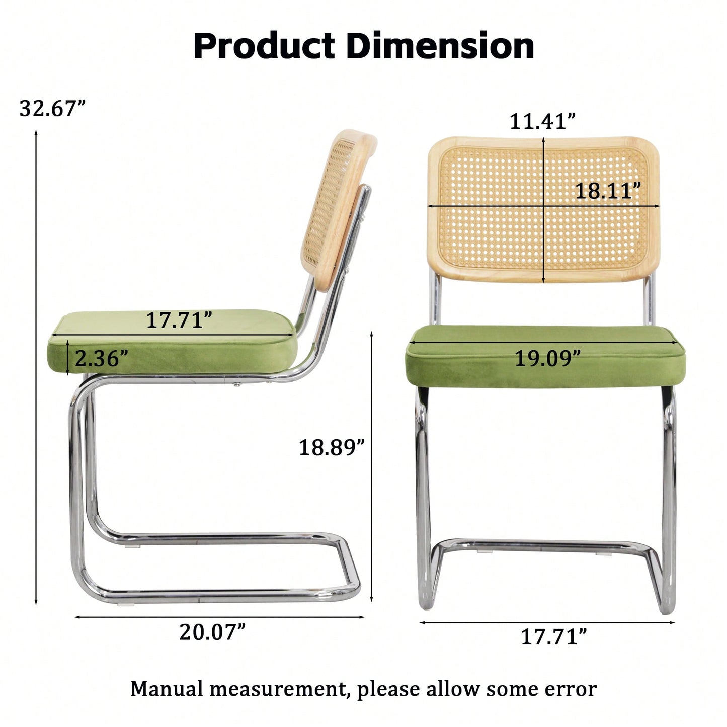 Velvet Accent Dining Chairs Set Of 2 With Natural Cane Back In Green For Mid Century Modern Style