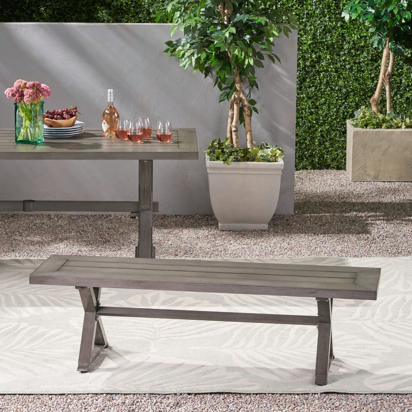 Contemporary Dark Gray Aluminum Outdoor Dining Bench For Stylish Patio Seating