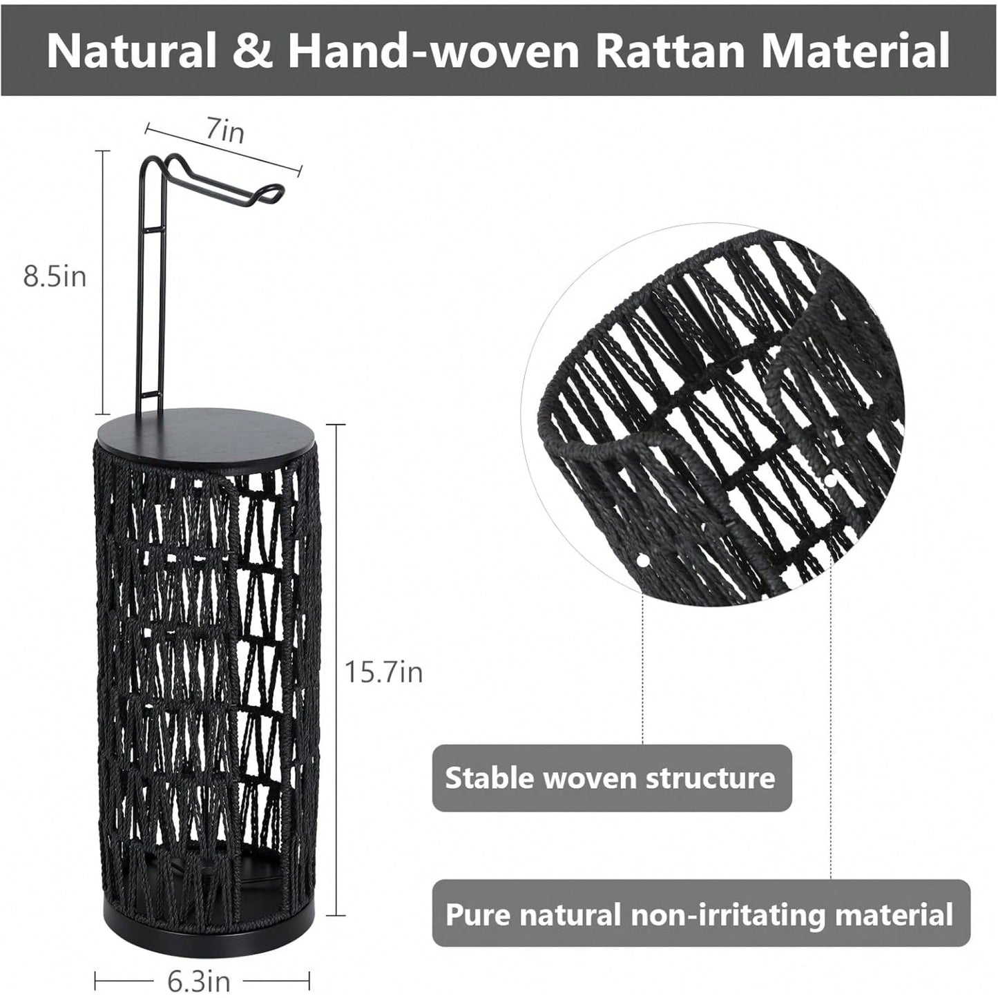 Black Freestanding Toilet Paper Holder With Storage For 3 Rolls Handmade Woven Rattan Stand Boho Style Bathroom Organizer