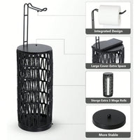 Black Freestanding Toilet Paper Holder With Storage For 3 Rolls Handmade Woven Rattan Stand Boho Style Bathroom Organizer