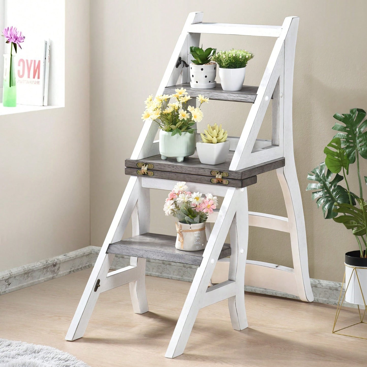 Foldable Solid Wood Ladder Chair Dual Purpose Stepladder For Home Library Kitchen Display Stand And Flower Stand