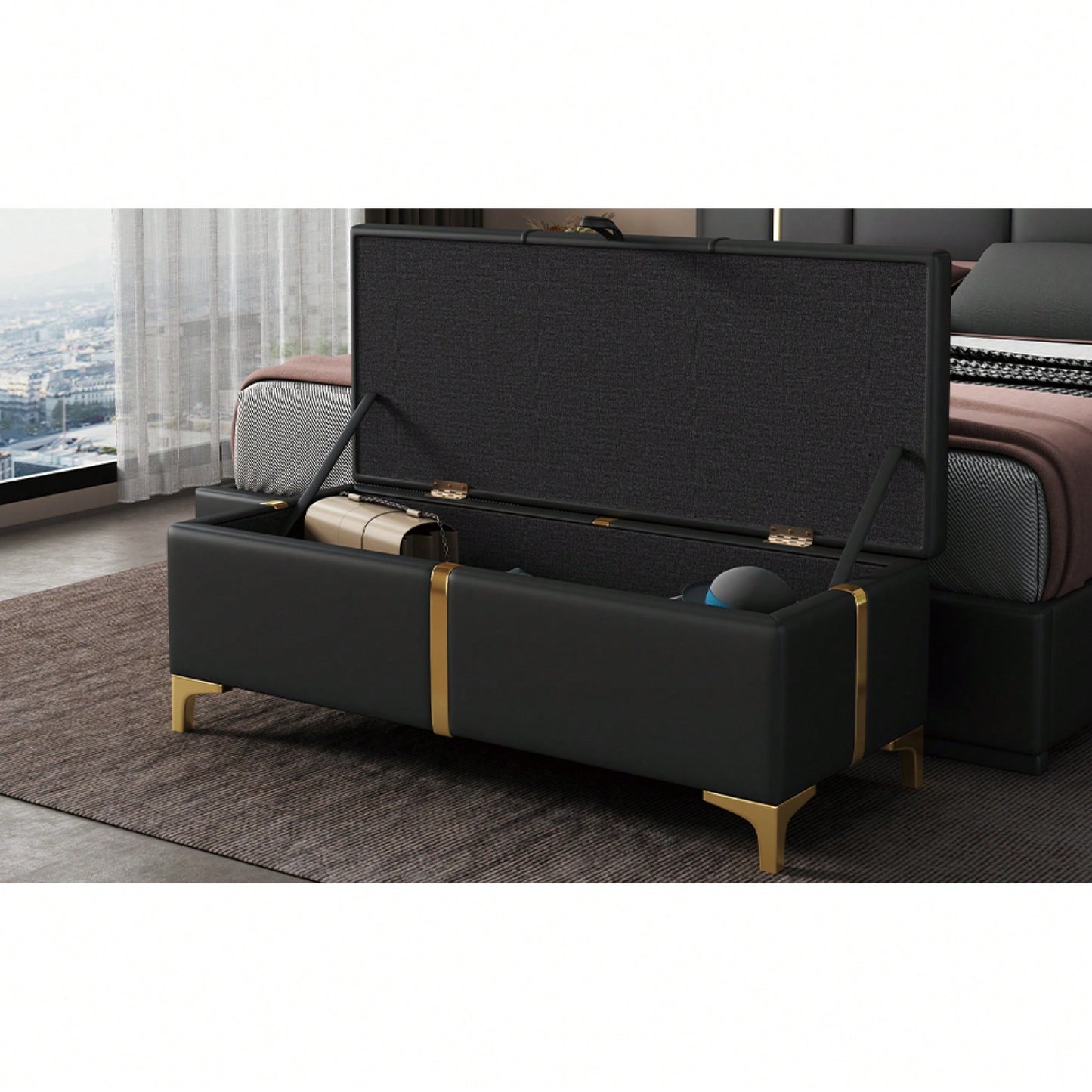 Stylish Upholstered Storage Ottoman With Metal Legs For Bedroom And Living Room, Fully Assembled Except Legs, Black