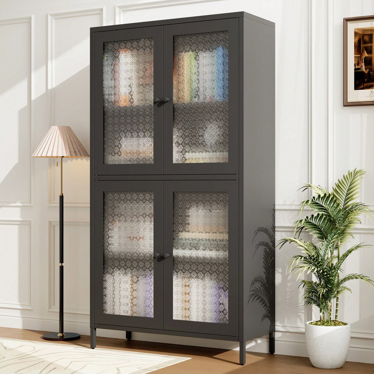Elegant Freestanding Metal Storage Cabinet with 4 Glass Doors and Shelves for Home Office Kitchen Hallway - Black and Begonia Glass