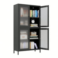 Elegant Freestanding Metal Storage Cabinet with 4 Glass Doors and Shelves for Home Office Kitchen Hallway - Black and Begonia Glass