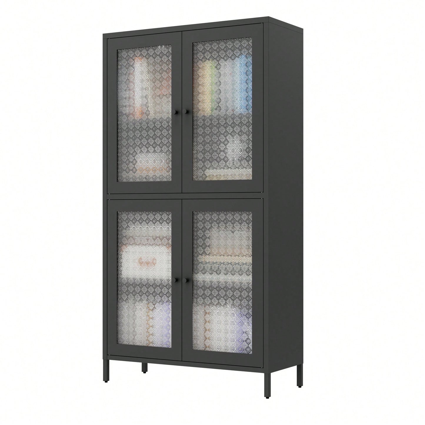 Elegant Freestanding Metal Storage Cabinet with 4 Glass Doors and Shelves for Home Office Kitchen Hallway - Black and Begonia Glass