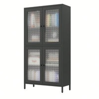Elegant Freestanding Metal Storage Cabinet with 4 Glass Doors and Shelves for Home Office Kitchen Hallway - Black and Begonia Glass