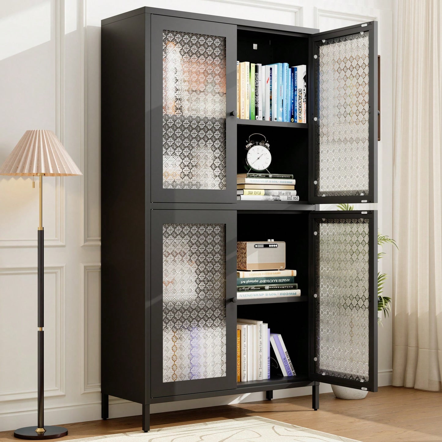 Elegant Freestanding Metal Storage Cabinet with 4 Glass Doors and Shelves for Home Office Kitchen Hallway - Black and Begonia Glass