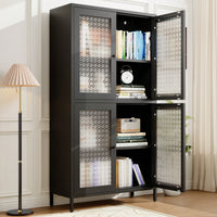 Elegant Freestanding Metal Storage Cabinet with 4 Glass Doors and Shelves for Home Office Kitchen Hallway - Black and Begonia Glass
