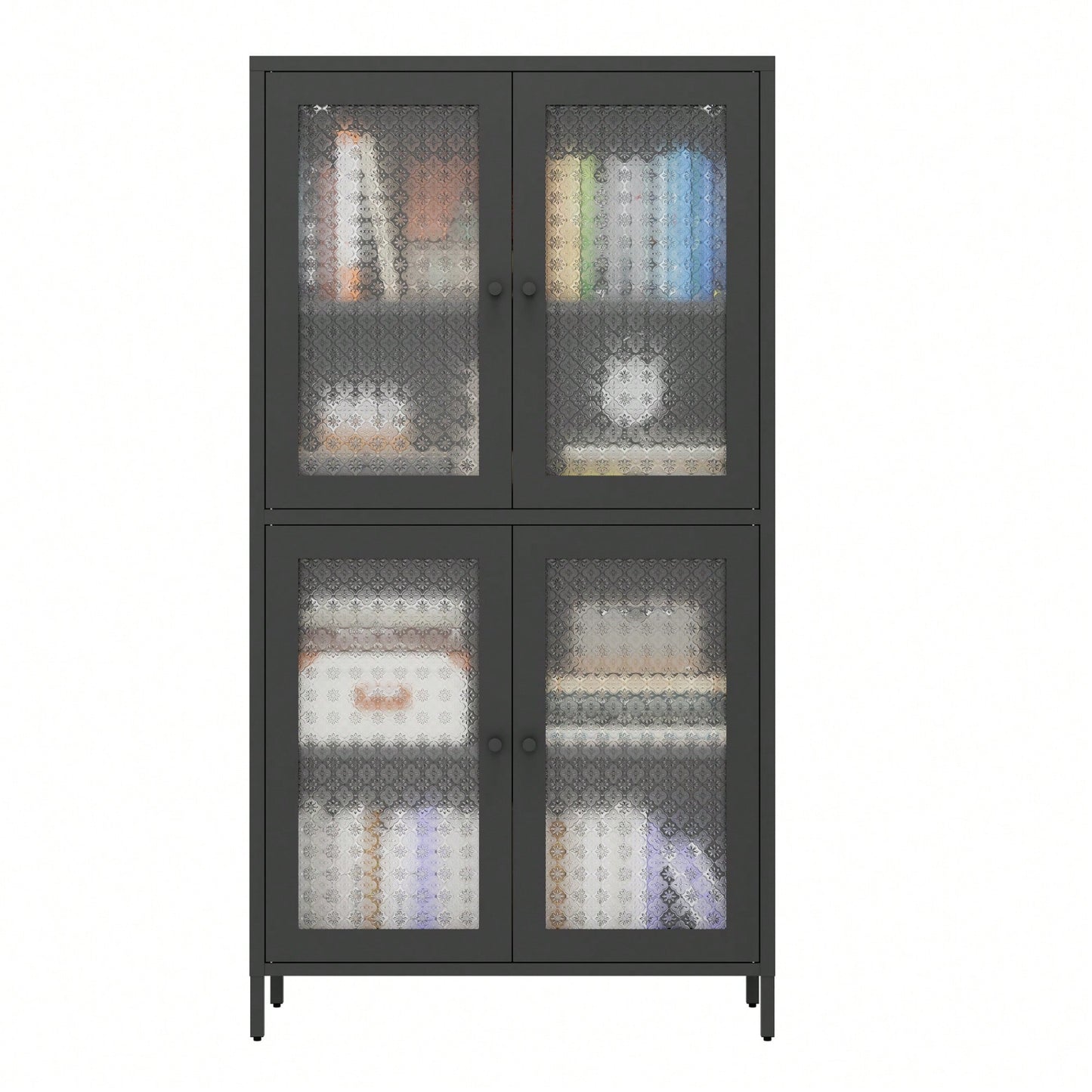 Elegant Freestanding Metal Storage Cabinet with 4 Glass Doors and Shelves for Home Office Kitchen Hallway - Black and Begonia Glass