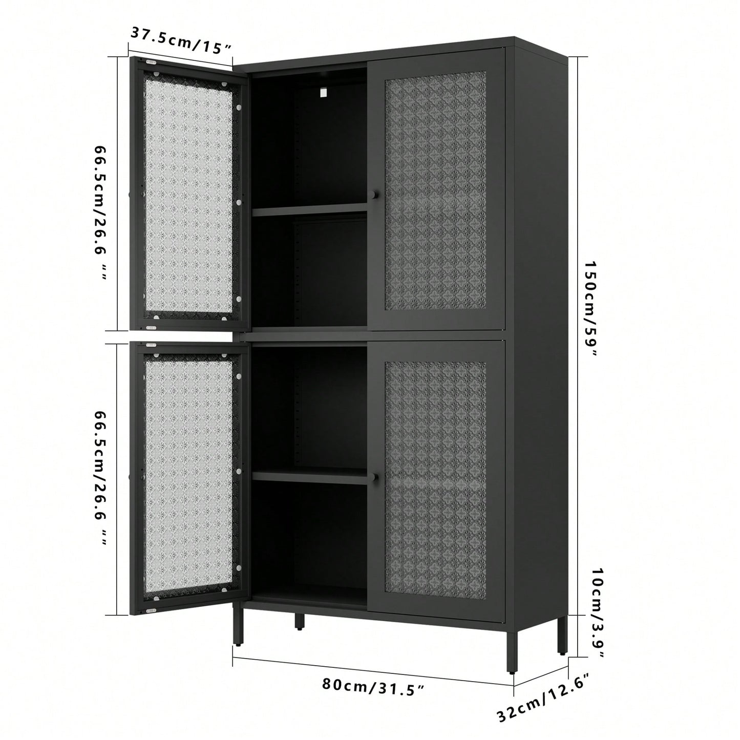 Elegant Freestanding Metal Storage Cabinet with 4 Glass Doors and Shelves for Home Office Kitchen Hallway - Black and Begonia Glass
