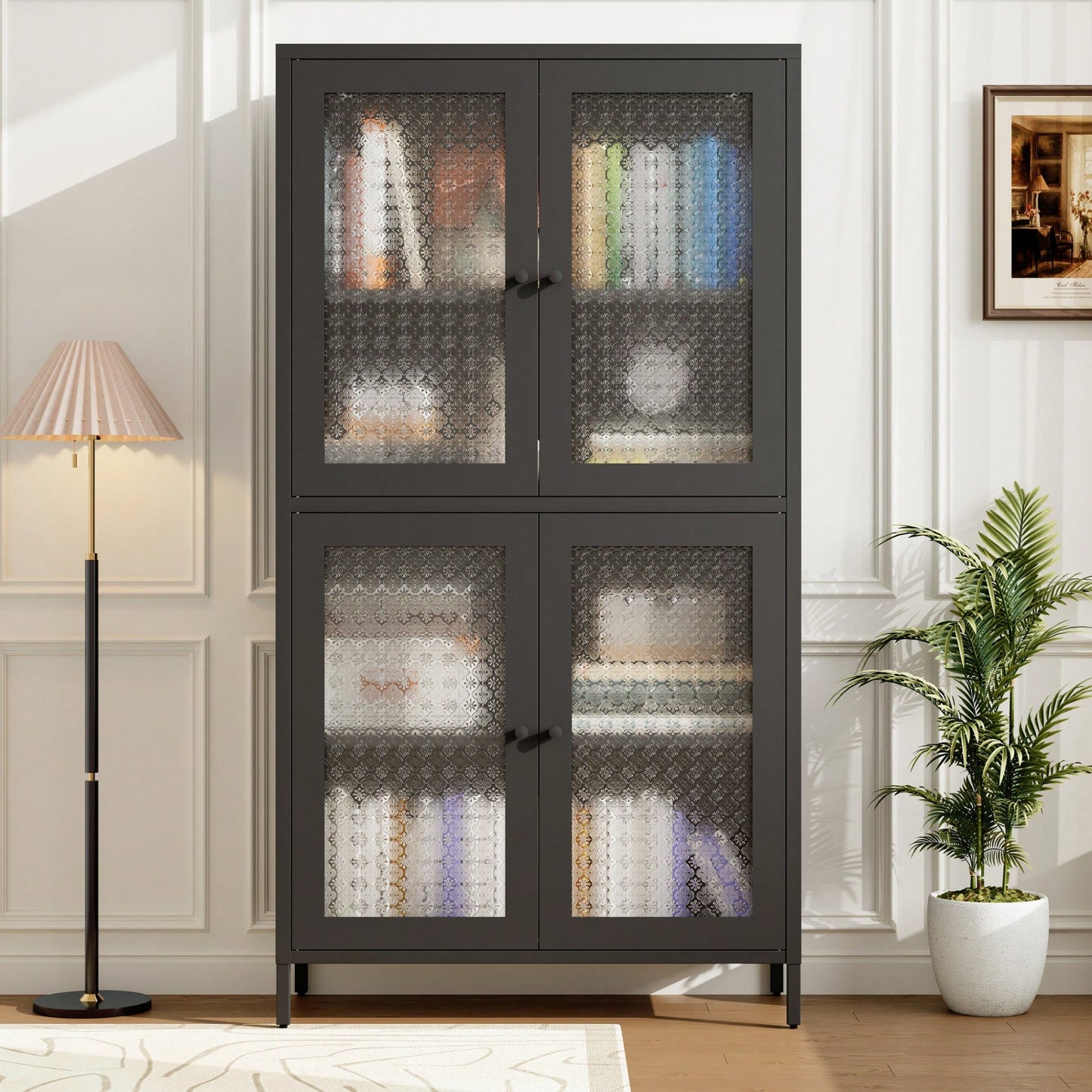 Elegant Freestanding Metal Storage Cabinet with 4 Glass Doors and Shelves for Home Office Kitchen Hallway - Black and Begonia Glass