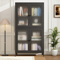 Elegant Freestanding Metal Storage Cabinet with 4 Glass Doors and Shelves for Home Office Kitchen Hallway - Black and Begonia Glass