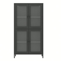 Elegant Freestanding Metal Storage Cabinet with 4 Glass Doors and Shelves for Home Office Kitchen Hallway - Black and Begonia Glass