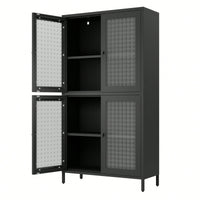Elegant Freestanding Metal Storage Cabinet with 4 Glass Doors and Shelves for Home Office Kitchen Hallway - Black and Begonia Glass