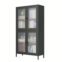 Elegant Black Metal Display Cabinet With 4 Tempered Glass Doors And Shelves For Home Office Living Room Kitchen Hallway Storage