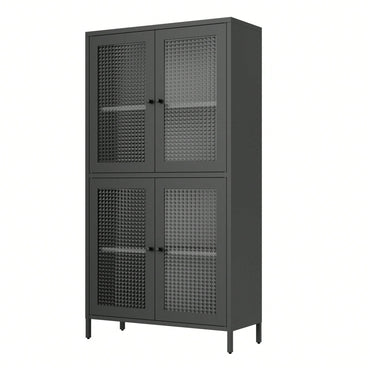 Elegant Black Metal Display Cabinet With 4 Tempered Glass Doors And Shelves For Home Office Living Room Kitchen Hallway Storage