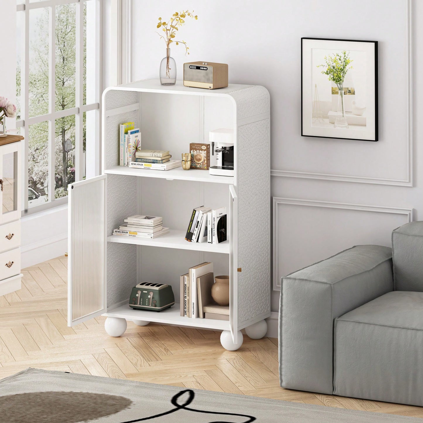 45.28 Inch Tall Freestanding Storage Cabinet With Glass Door And Shelves For Bathroom Living Room Kitchen Home Office Green