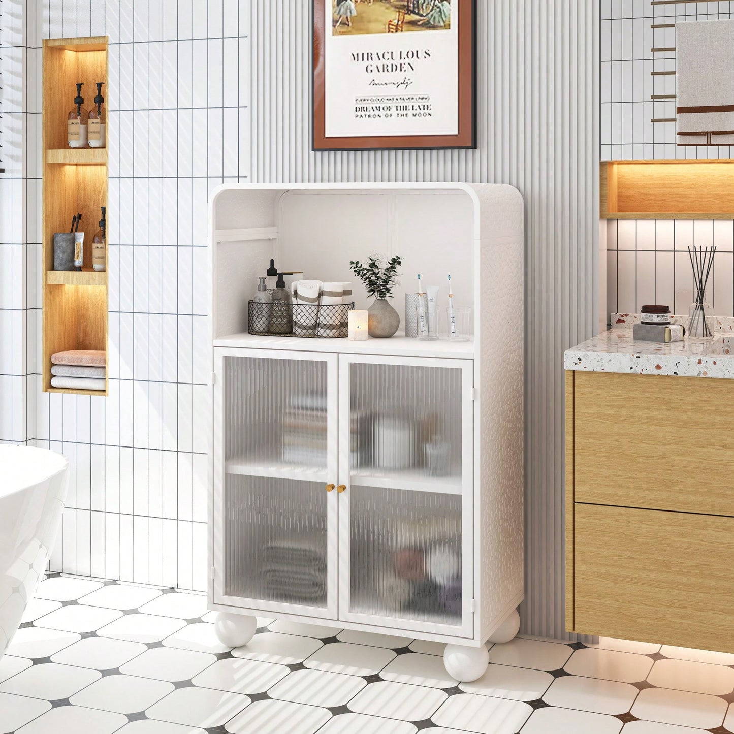 45.28 Inch Tall Freestanding Storage Cabinet With Glass Door And Shelves For Bathroom Living Room Kitchen Home Office Green