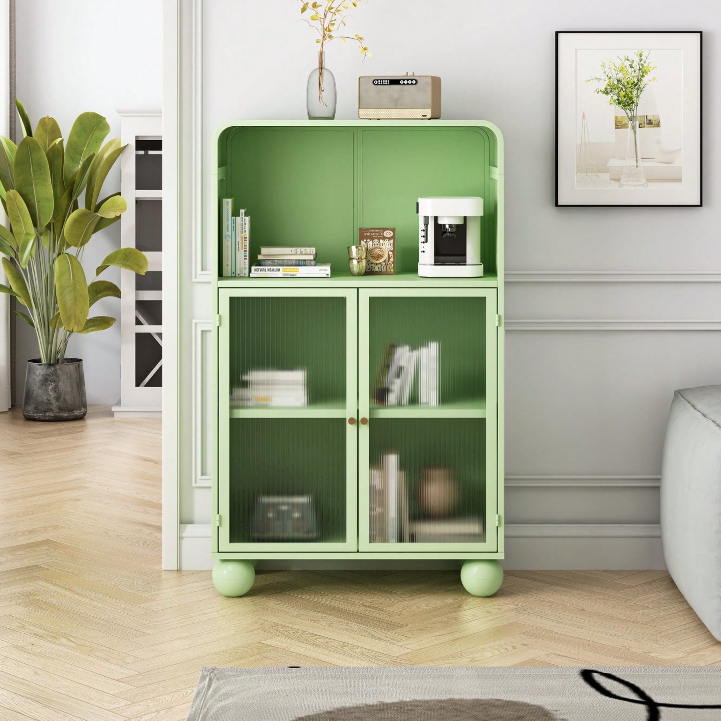 45.28 Inch Tall Freestanding Storage Cabinet With Glass Door And Shelves For Bathroom Living Room Kitchen Home Office Green