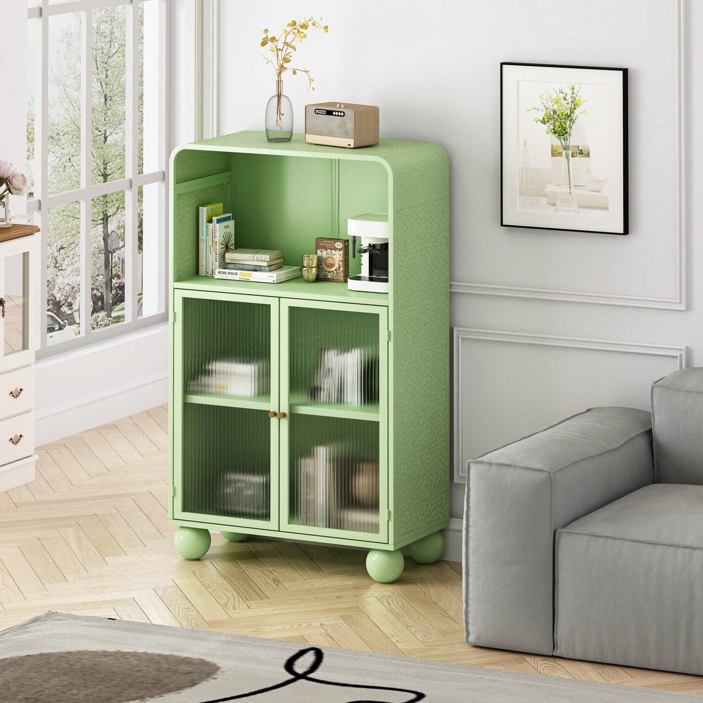45.28 Inch Tall Freestanding Storage Cabinet With Glass Door And Shelves For Bathroom Living Room Kitchen Home Office Green