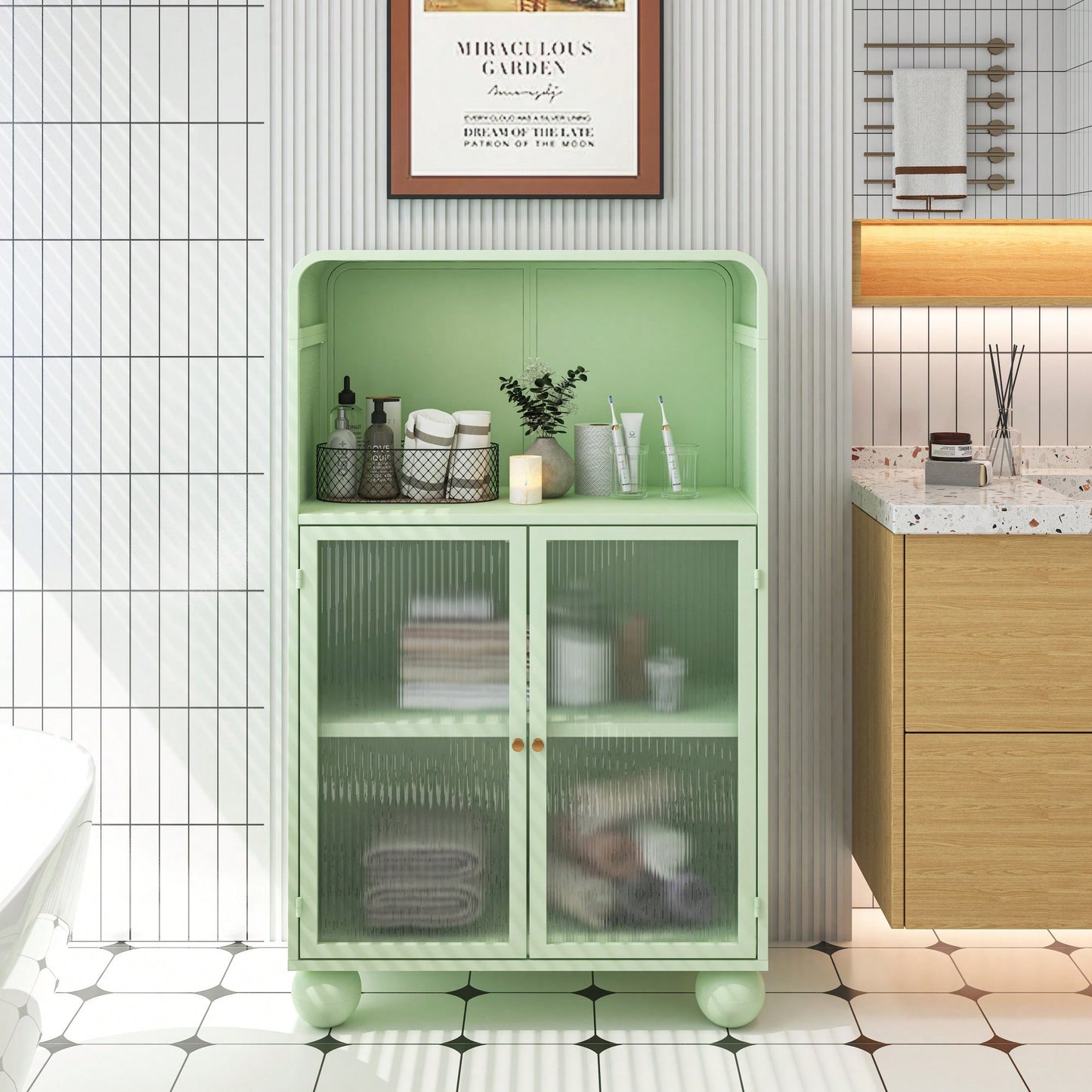 45.28 Inch Tall Freestanding Storage Cabinet With Glass Door And Shelves For Bathroom Living Room Kitchen Home Office Green