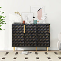 Stylish 3 Door Storage Cabinet With Adjustable Shelves And Hexagon Pattern Metal Doors For Living Room Dining Room Kitchen And Entrance
