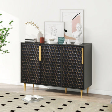 Stylish 3 Door Storage Cabinet With Adjustable Shelves And Hexagon Pattern Metal Doors For Living Room Dining Room Kitchen And Entrance