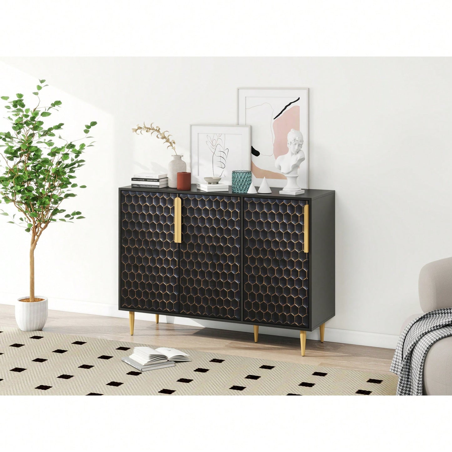 Stylish 3 Door Storage Cabinet With Adjustable Shelves And Hexagon Pattern Metal Doors For Living Room Dining Room Kitchen And Entrance